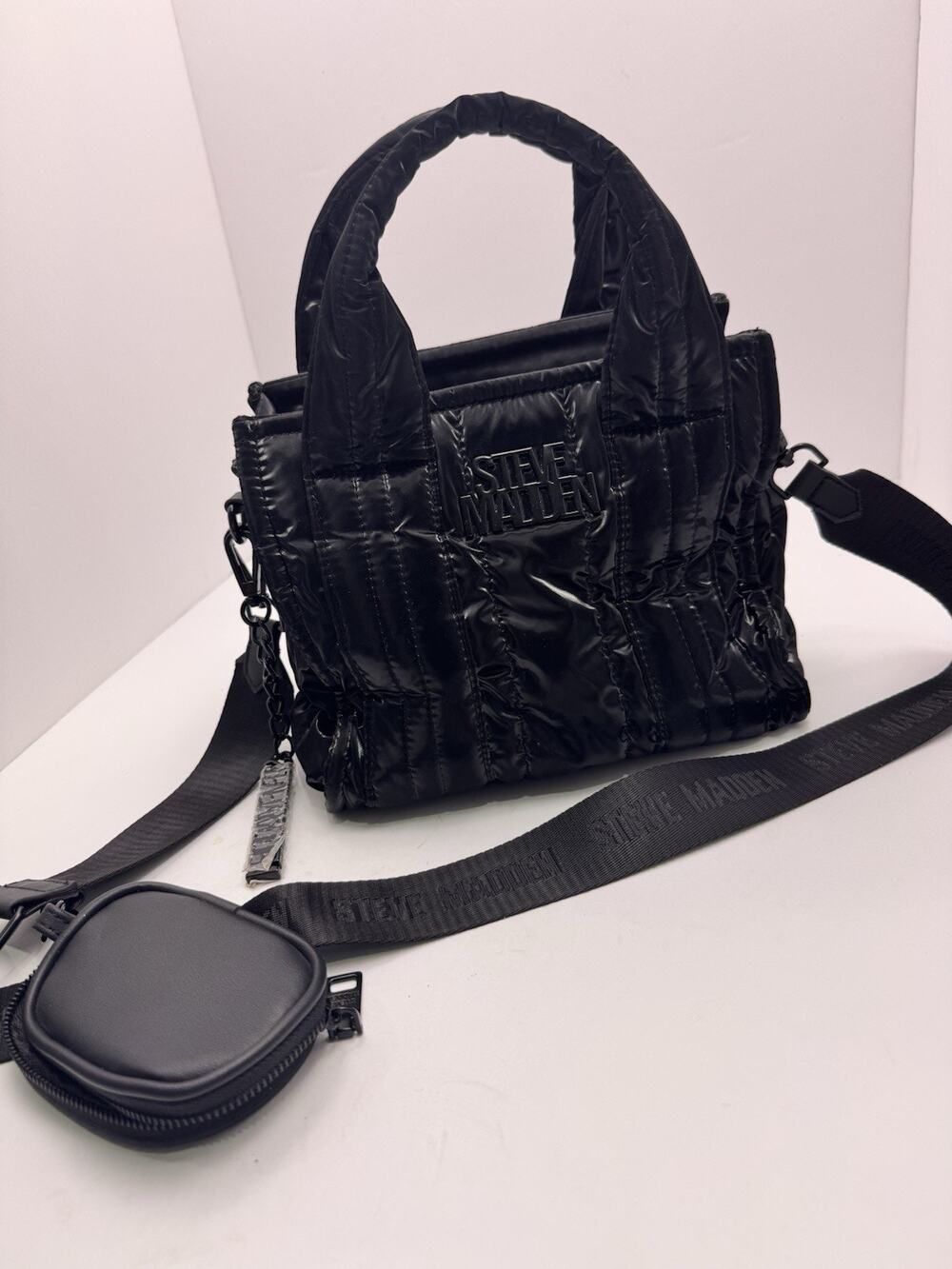 Steve Madden Black Quilted Puffer Tote Bag Logo Shoulder Handbag